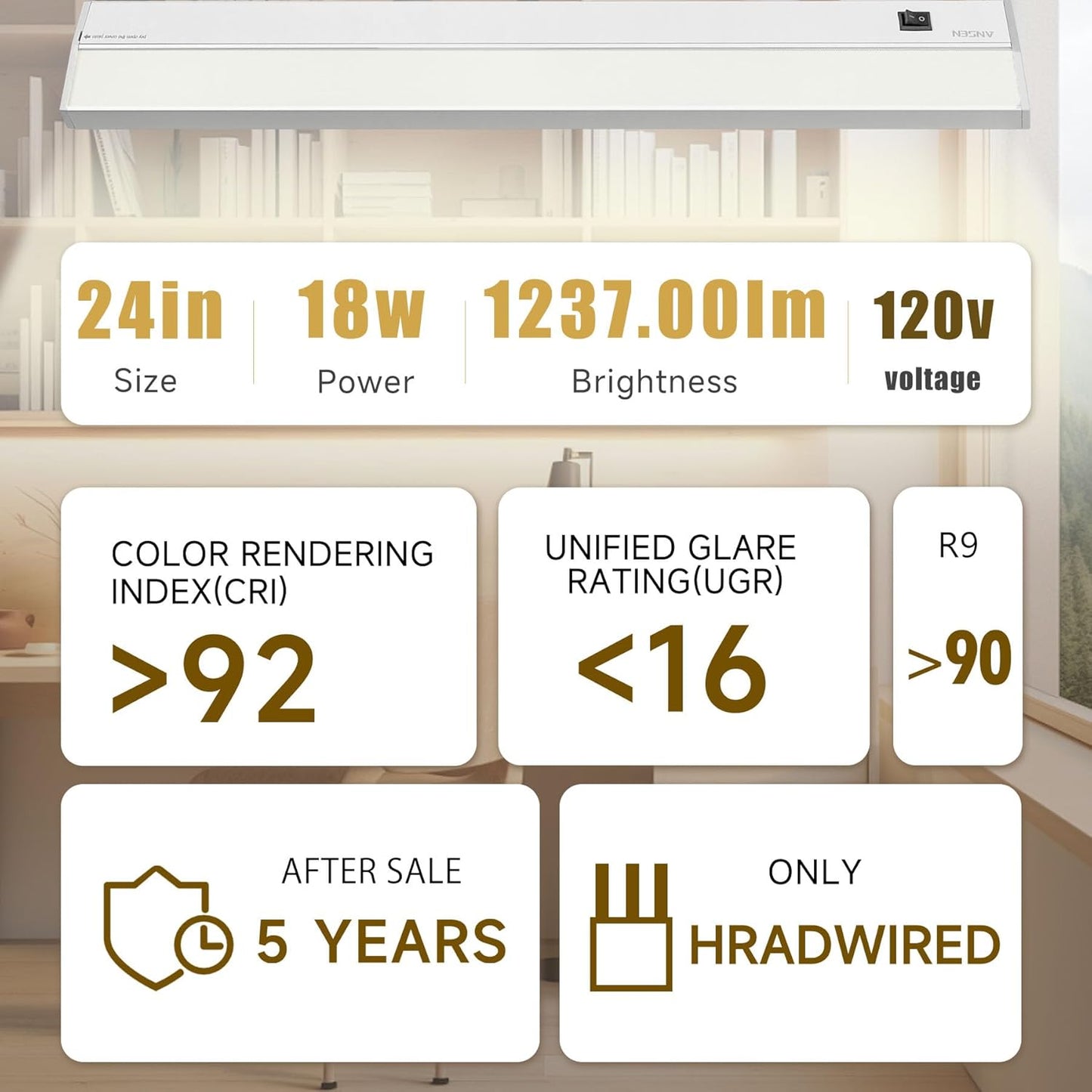 Ansen Hardwired Under Cabinet Lighting, 24in 18W LED Light for Kitchen/Closet, 1237lm, CRI>92, R9>90, 3 Color Temperature, Dimmable, 3000K/4000K/5000K(Warm White, Cool White, Daylight)