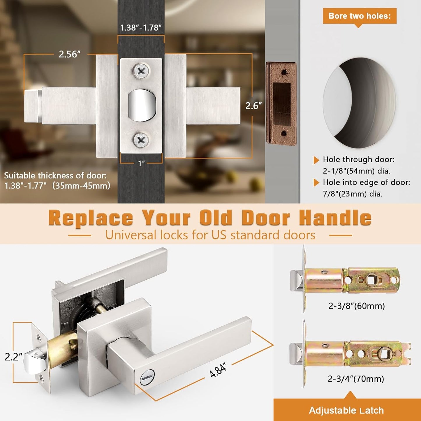 Probrico Interior Brushed Nickel Door Handle, Heavy Duty, Flat Square Privacy Door Handles, Keyless Door Levers Lockset for Bedroom and Bathroom, 8 Pack