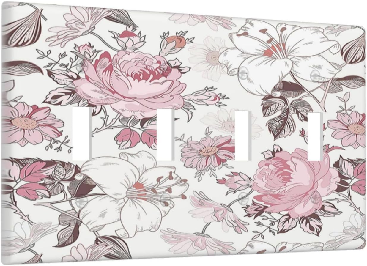 Light Switch Covers Modern Watercolor Flower Pink White Wildflower Quad Toggle 4 Gang Wall Plate Electrical Faceplate Decorative Switch Plates for Bedroom Home Decor