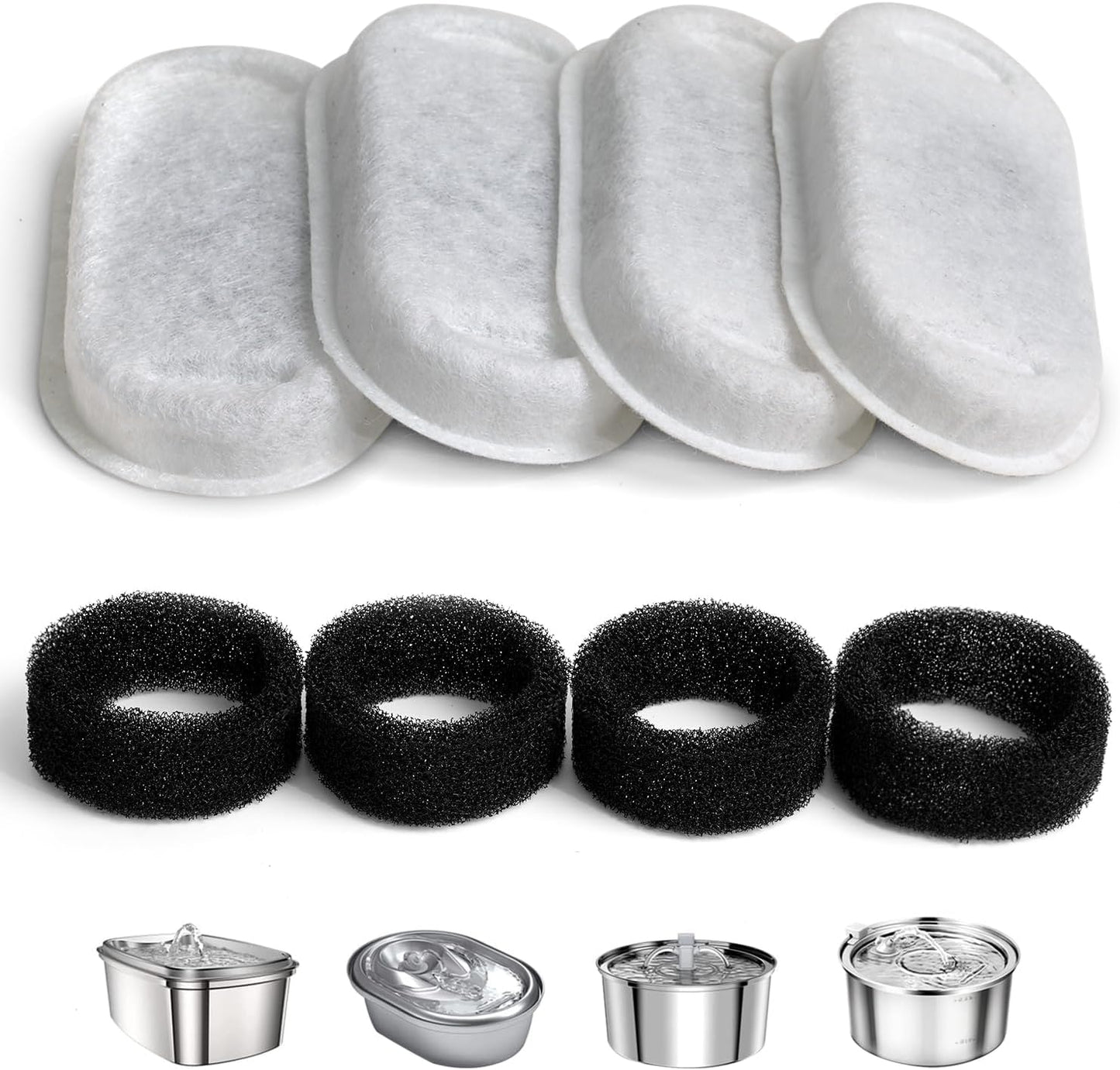 Cat Water Fountain Filter Compatible with Stainless Steel Dispenser, Efficient Filtration with Coconut Shell Activated Carbon and Fresh Water (4 Filters+4 Sponges)
