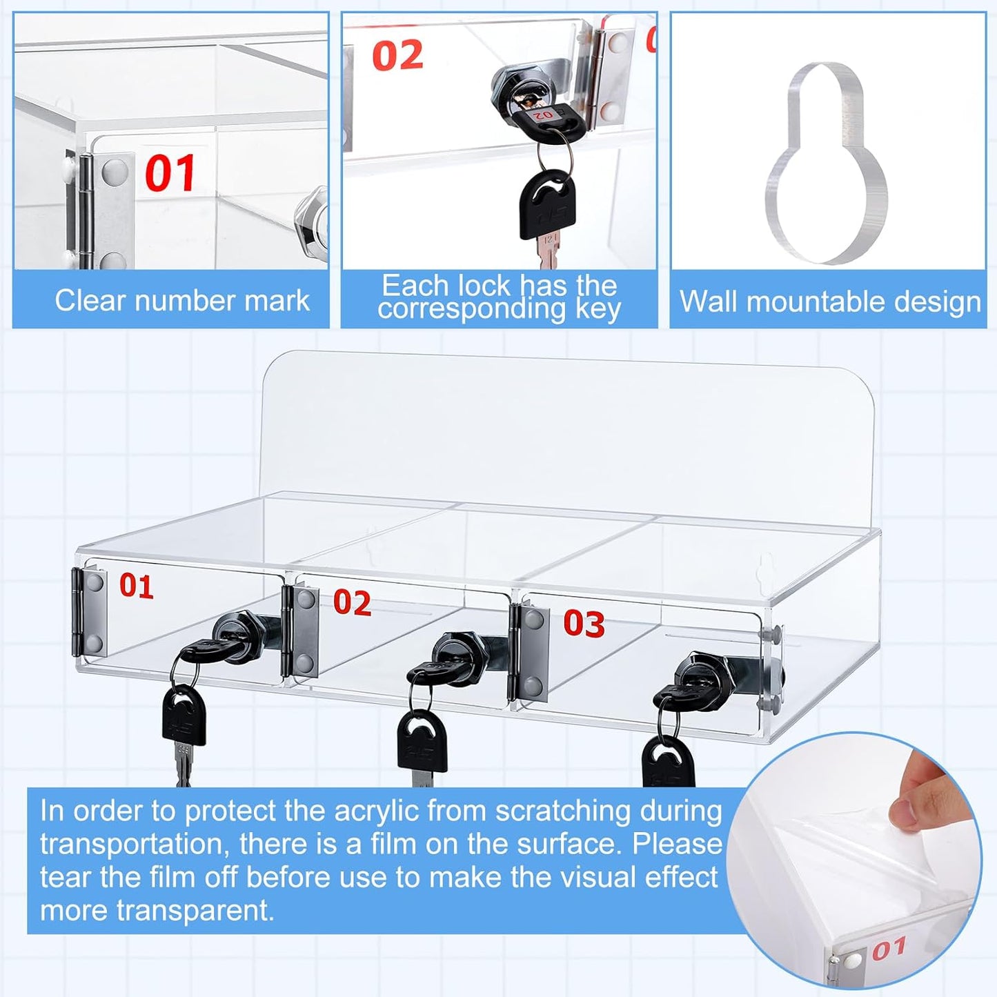 Threan 3 Slot Cell Phone Storage Box, Clear Cell Phone Storage Cabinet Wall Mounted, Including Door Locks and Keys for Office School Factory Classroom Students Staff
