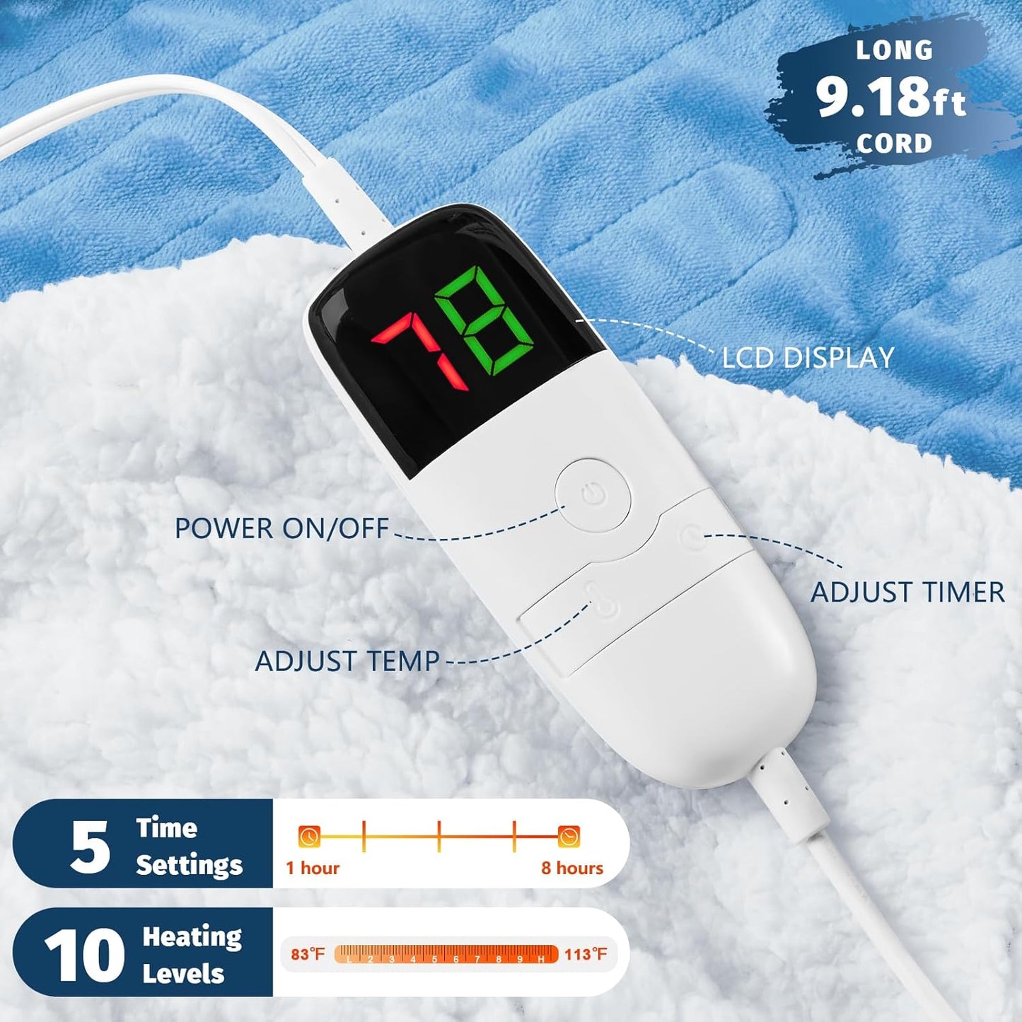 BOMOVA Heated Electric Blanket Full Size - 72" x 84" Heating Blanket with 10 Heating Levels & 8 Hours Auto Off, Warm Flannel Blanket, Christmas Birthday Gifts for Women