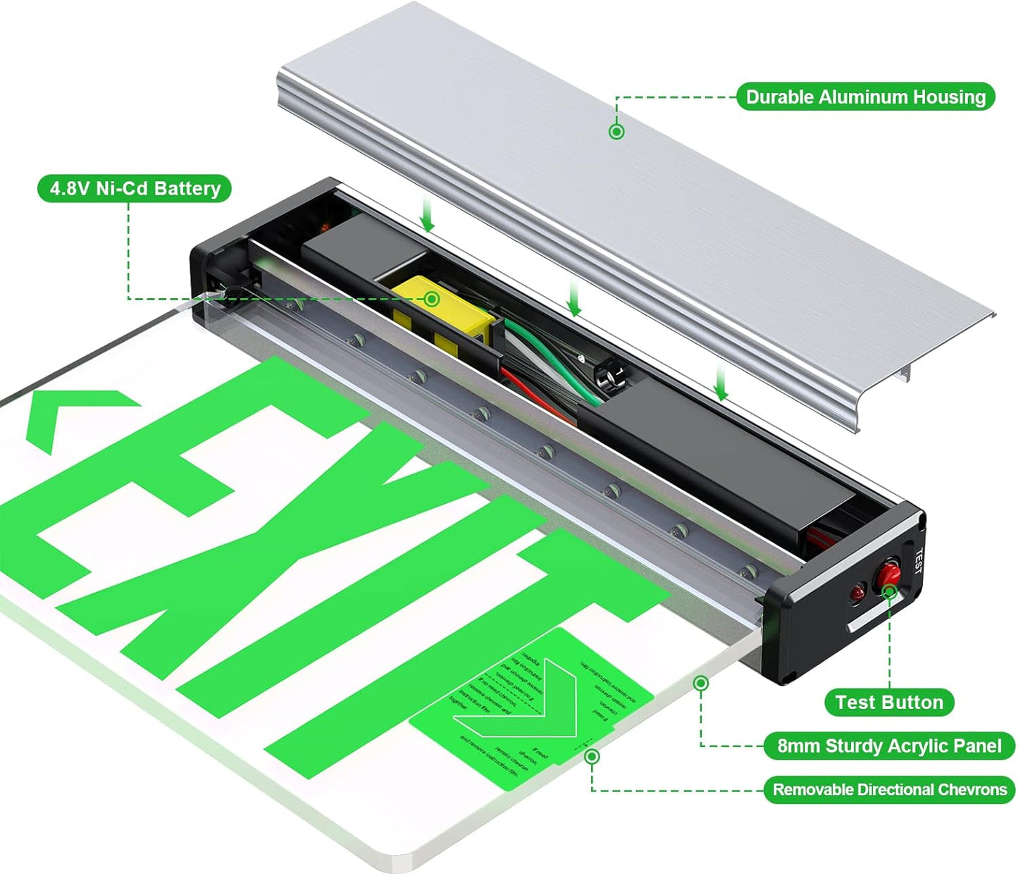 Green LED Edge Lit Exit Sign Brushed Aluminum Housing, UL Listed Emergency Exit Signs Single Sided Clear Acrylic with Battery Backup, AC 120-347V Hardwired Exit Lights, Top/Side/Wall Mount (2 Pack)