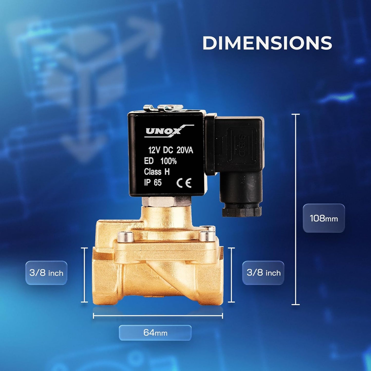 UNOX 3/8" NPT Solenoid Valve 12V DC, Brass Control Valve Normally Closed - 7-232 PSI Multi-Purpose Reliable Control Valve for Water, Air, and Gas - Solenoid Valves