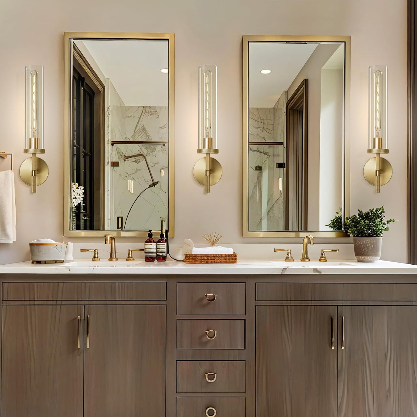 Gold Wall Sconces Set of Two, 19.48" Knurled Gold Wall Lighting with Glass Tube, Modern Brass Sconces Wall Lamp for Bedroom Living Room Bathroom Hallway Staircase & Vanity Mirror(Including Bulb)