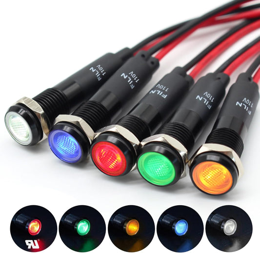 5Pcs 8MM (5/16'') Indicator Light led Indicator 110v 120v Metal Pilot Lamp Lights Aluminum Waterproof ip67 Red Signal Lamp Light(110V-Black Anodized-Red Green Yellow Blue White 5Pcs)