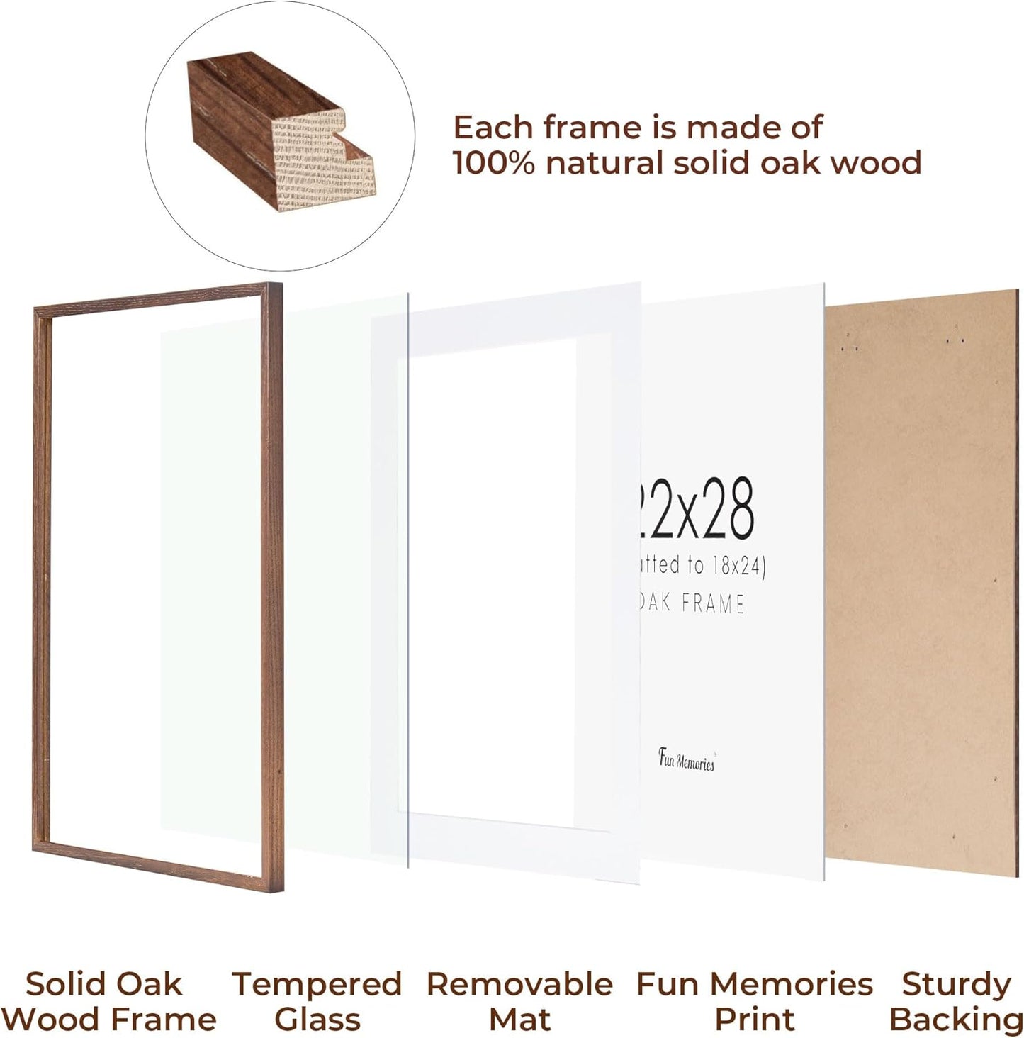 22x28 Picture Frame in Walnut, 22 x 28 Poster Frames for Wall, Solid Oak Wood Picture Frame 22"x28" with Glass, 22x28 Frame Matted to 18x24, 28x22 Wood Frame, 22 by 28 Art Frames, Walnut Color, 1 Pack
