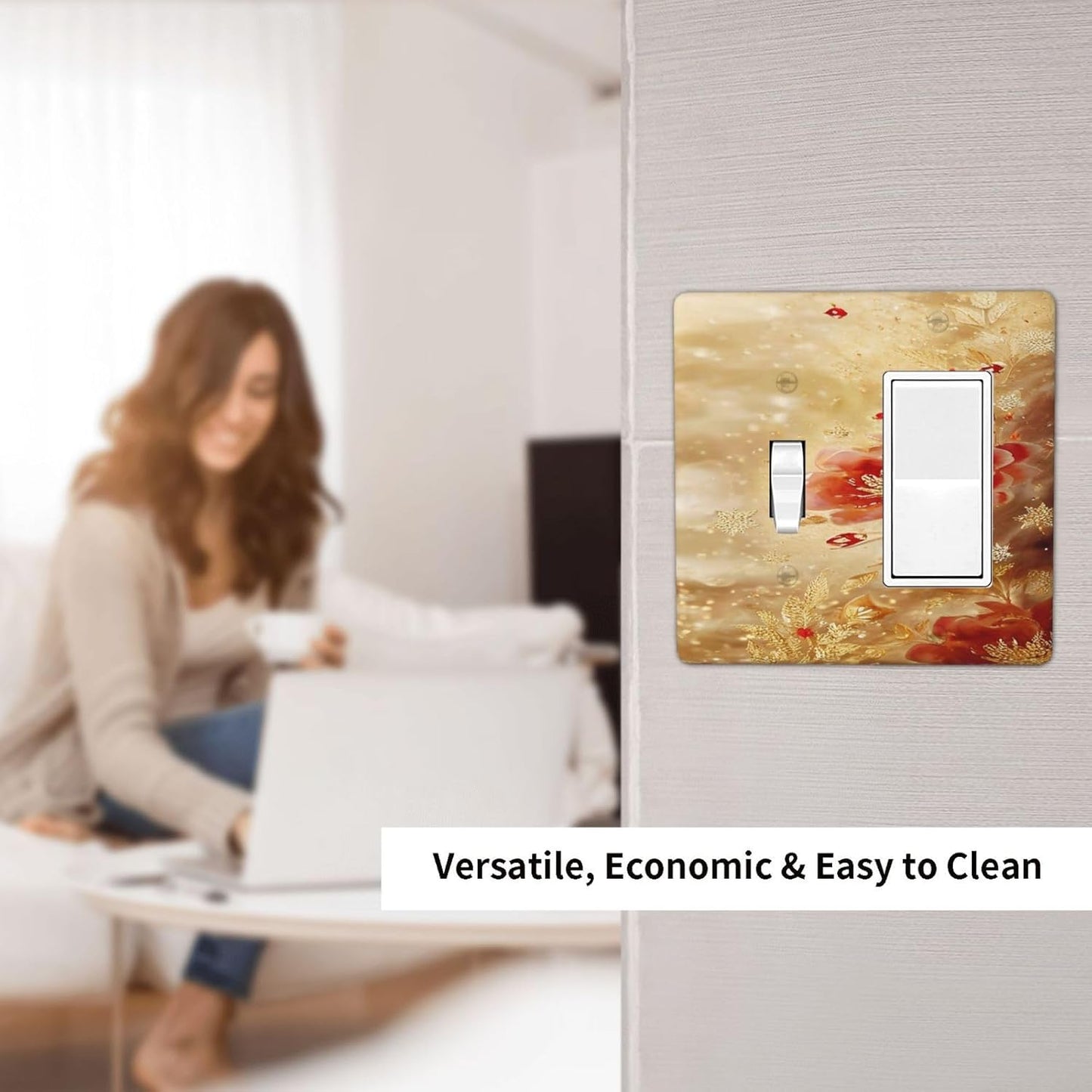 Decorative Outlet Covers Golden Leaf Red Peony Flowers Floral 2 Gang 1 Gang Wall Plate Cover Single Toggle Rocker Combo Light Switch Cover Plate Face Plate