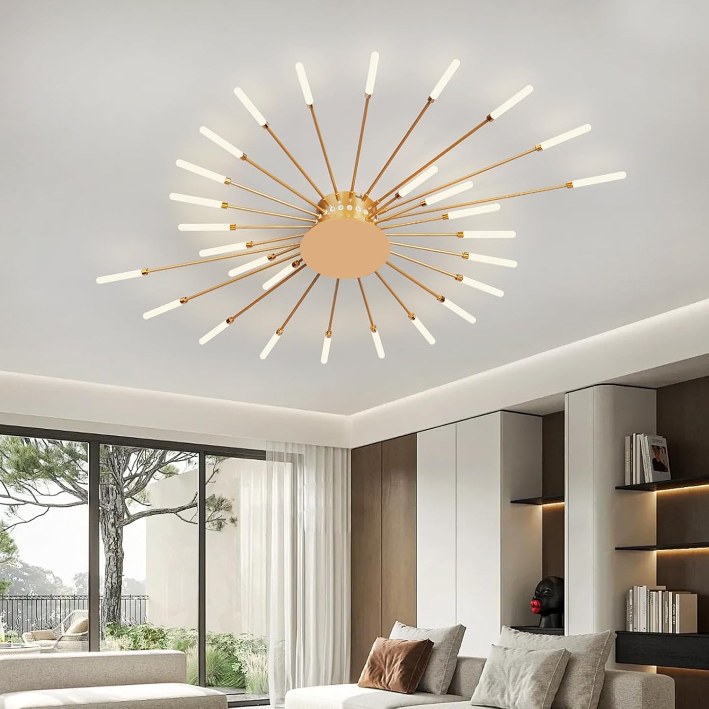 Modern Ceiling Light Flower Shape, Metal Firework Ceiling Lamp with Plug-in LED Source, Lighting Fixture for Living Room Dining Room Bedroom, Natural Light