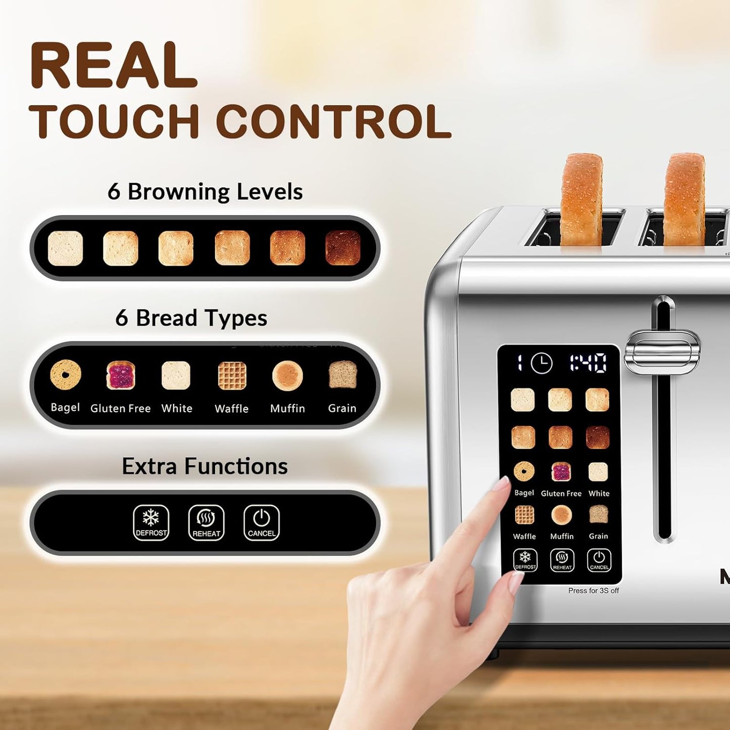 Mecity 4 Slice Toaster with Touch Screen Control, 4 Wide Slots, Stainless Steel Smart Bread Toaster for Bagels, Muffins, Waffles, Dual Control Panel, Timer, Defrost, Reheat, 120V 1650W