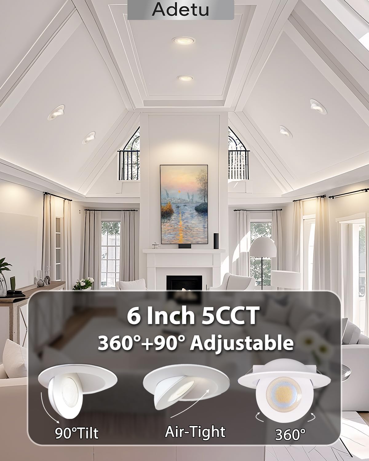 Adetu Led Recessed Lighting 6 inch, 360°+90° Adjustable Directional Gimbal 6 inch Led Recessed Light, 2700K-5000K 5CCT Dimmable Retrofit Eyeball Can Recessed Lights with Jbox, ET (White,1 Pack)