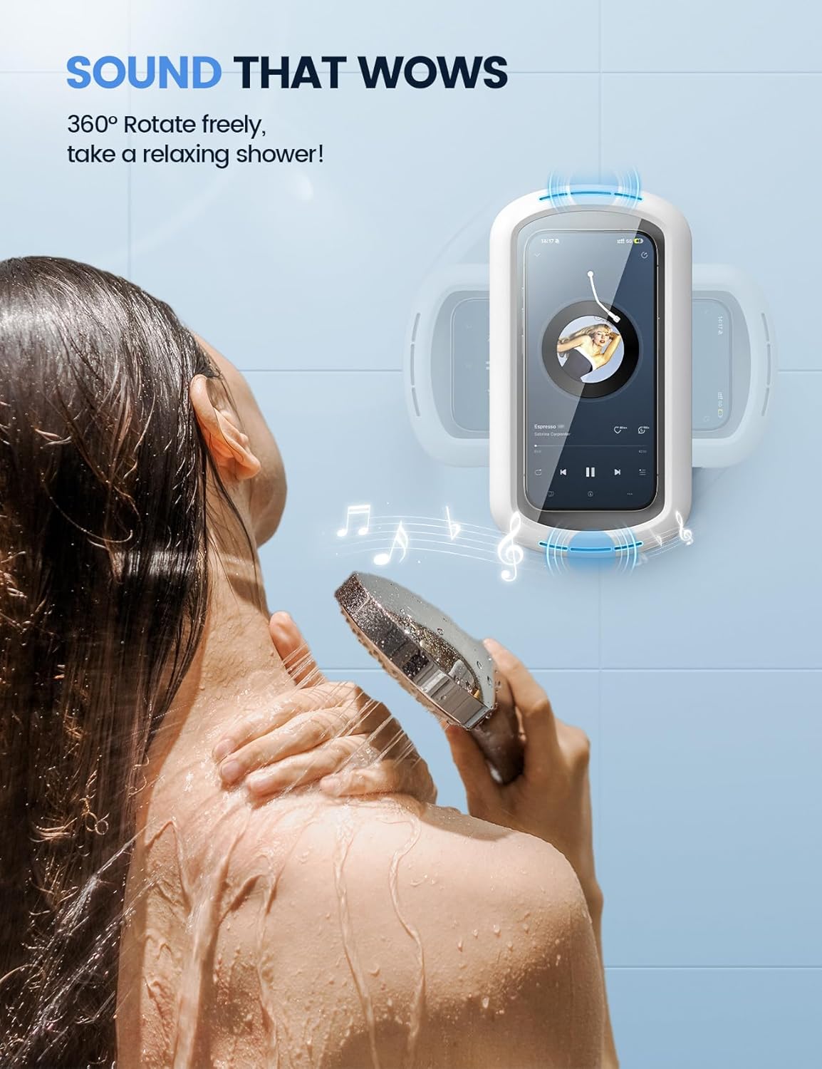 Lamicall Shower Phone Holder with Speaker Holes, IPX6 Waterproof Clear Sound & 480° Rotation Shower Case Accessories, Waterproof Bathroom Wall Mount for iPhone 17 16 Pro Max Air, S25 Ultra, 4-7" Phone
