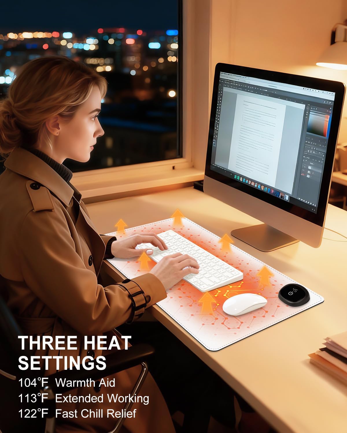 Heated Desk Pad, 23.6" x 14.2" Leather Non-Slip Warm Desk Pad, Large Mouse Mat with 3 Levels Heating & 3 Hours Auto Shut-Off, Hand and Foot Warmer for Office, Home, White