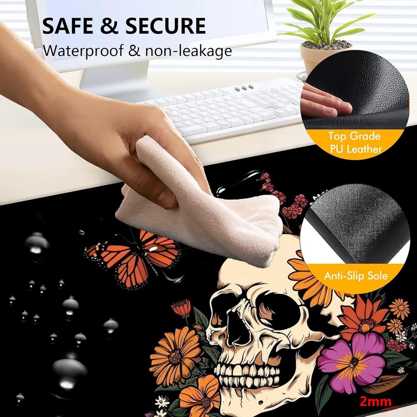 Heated Mouse Pad with 3 Levels Heated & 3 Hours Auto Shut-Off Mouse Pad for Warming Hands in Office Home, 31.5" x 13"Large Safe Desk Mat Hand Warmer，Art Skull