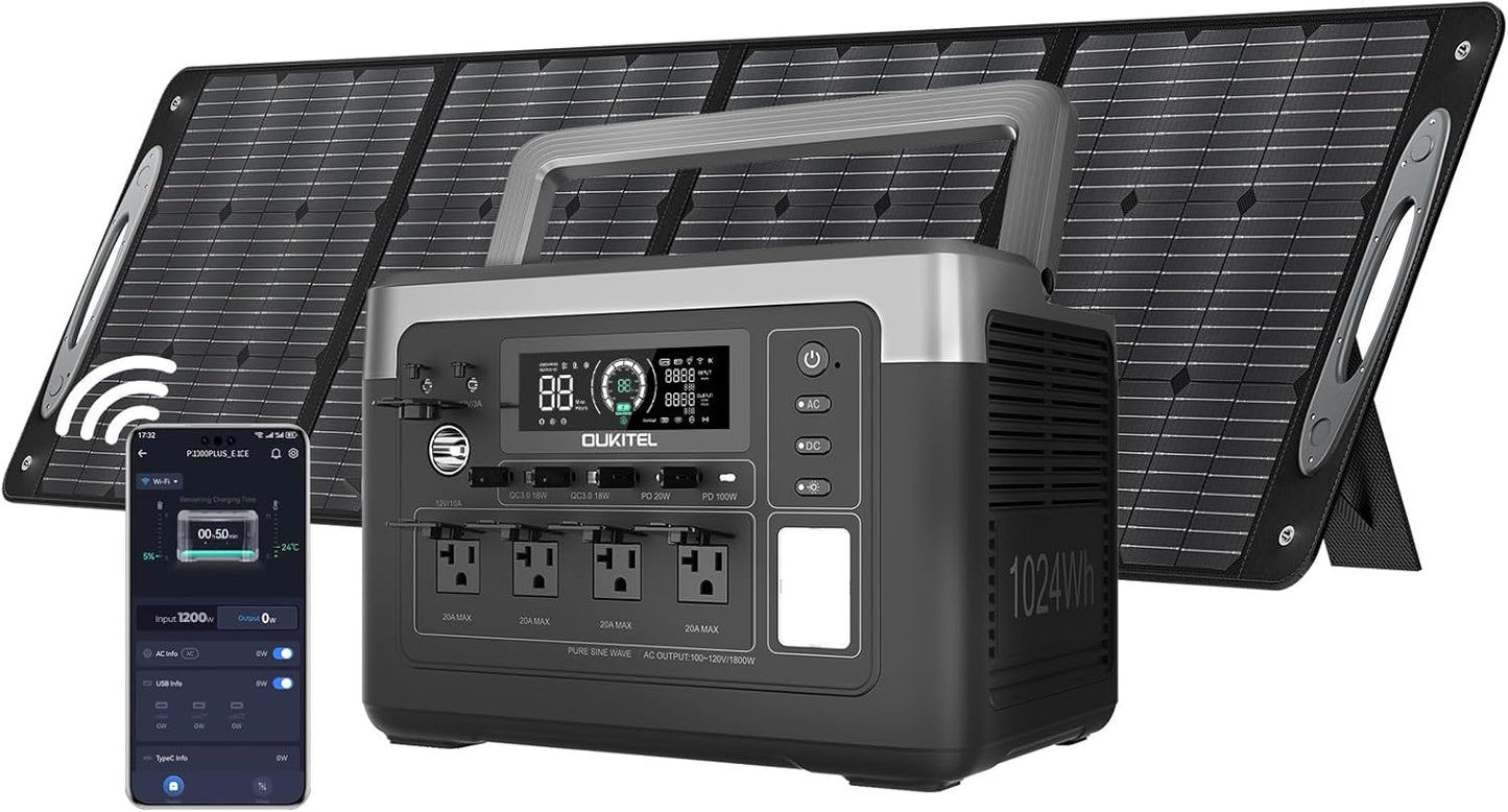 OUKITEL P1000 PLUS 1800W Solar Generator with 100W Panel, 1024Wh Power Station 1200W Fast Charging APP Control Emergency LiFePO4 Battery for Home Backup Camping RVs