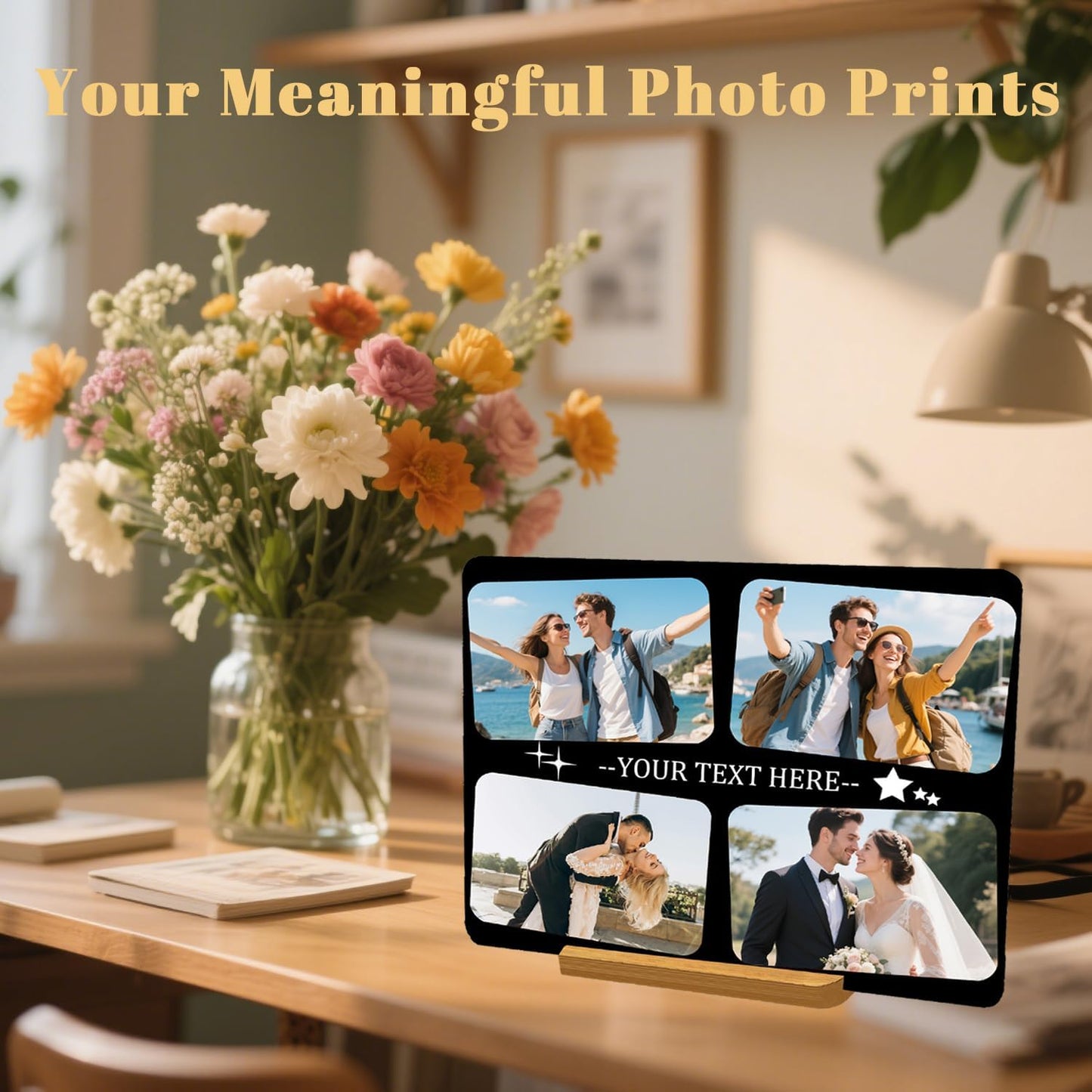 Custom Metal Photo Prints，Personalized Your Own Picture Frame, Customize Photo Prints with Wooden Base，Personalized Metal Picture Gift for Lovers，Family，Boyfriend，Friends