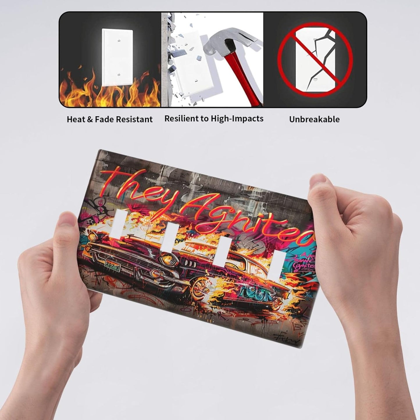 Light Switch Covers Hip Hop Street Graffiti Flame Car Quad Toggle Electrical Faceplate 4 Gang Wall Plate Decorative Switch Plates for Bedroom living Room Decor