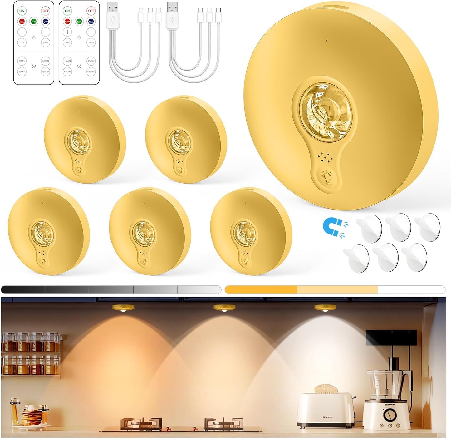 Yiliaw Rechargeable Puck Lights with Remote, 6 Pack Magnetic Under Cabinet Lighting, 1500mAh Battery Operated LED Tap Lights with Dimmer & Timmer for Kitchen, Closet, Shelf - 3 Color Temps, Gold