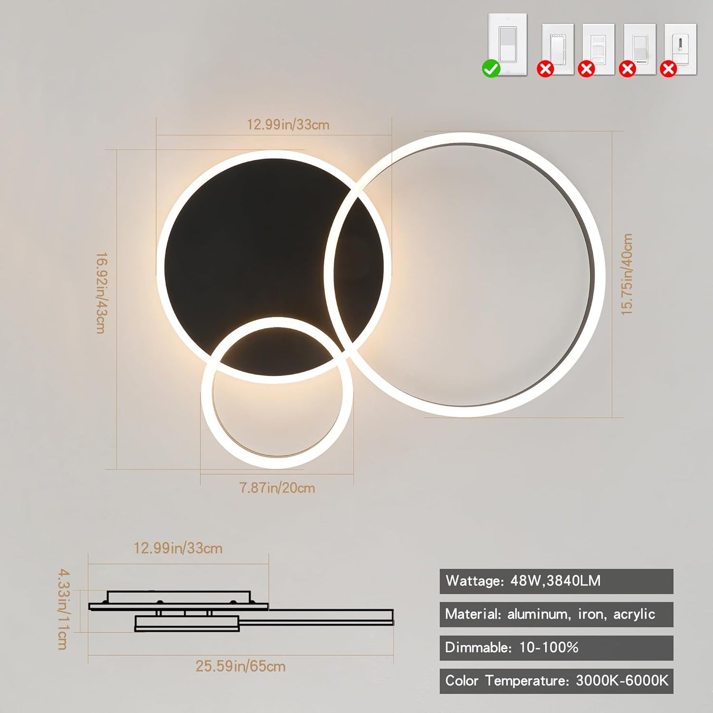 O'NEELDY Modern Dimmable LED Flush Mount Ceiling Light Remote Control Acrylic Ring Chandelier, 48W 3000K-6000K Adjustable, Black Fixture for Bedroom, Living Room, Dining Room, Kitchen and Hallway