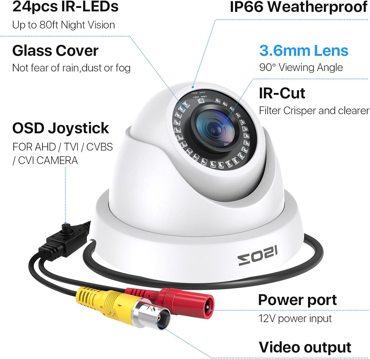 ZOSI 2MP HD Hybrid 4-in-1 Security Camera, 1080P 1920TVL Indoor Outdoor CCTV Dome Camera, 80ft Night Vision, IP66 Weatherproof, Compatible with HD-TVI, AHD, CVI and CVBS/960H Analog DVR Systems