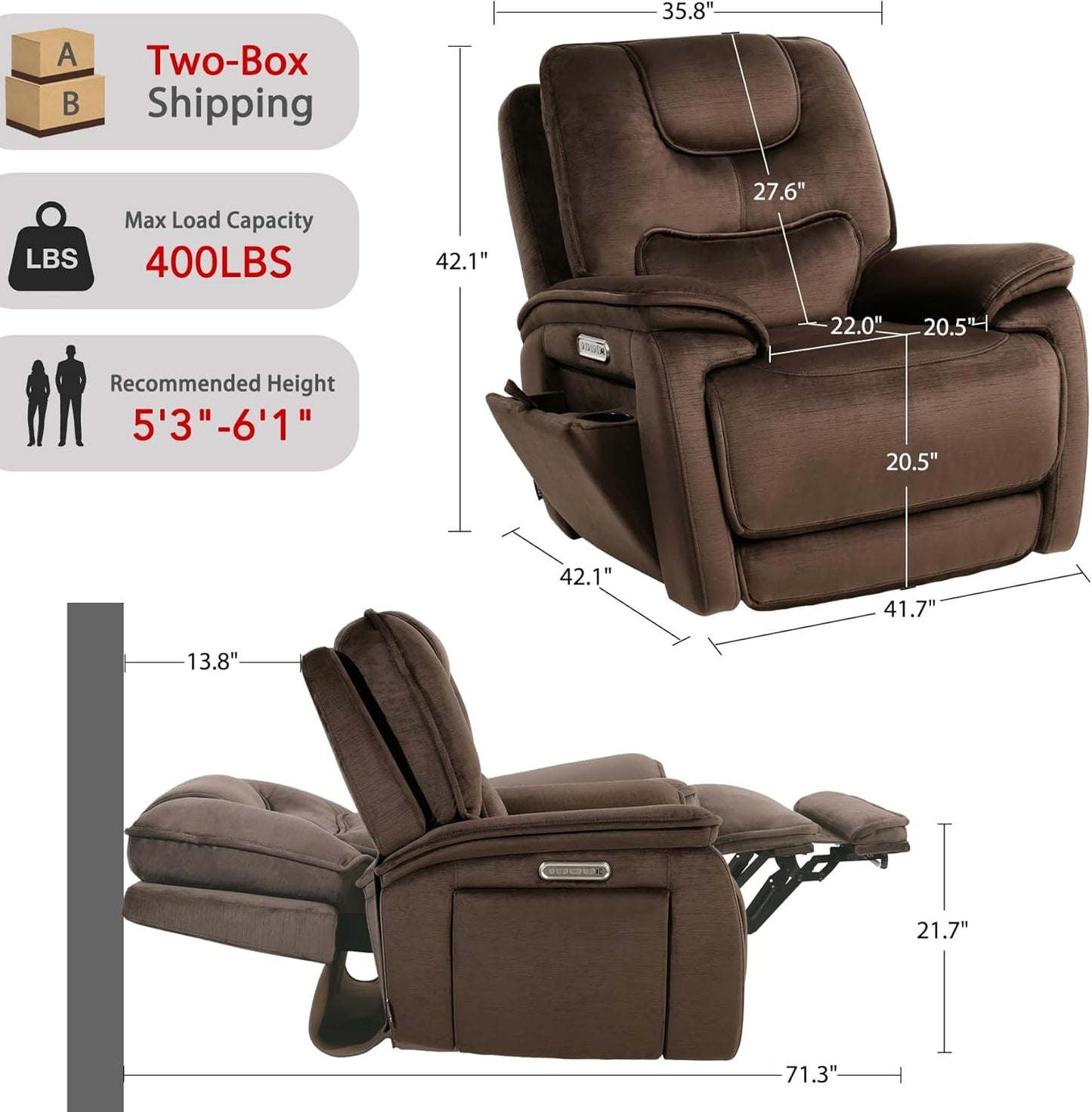 EONIX Triple Motor Lay Flat Zero Gravity Power Recliner Chair with Heat and Massage, Independent Adjustable Backrest Footrest Headrest, 400lbs Heavy Duty Medium Size, Stylish Chenille, Dark Brown