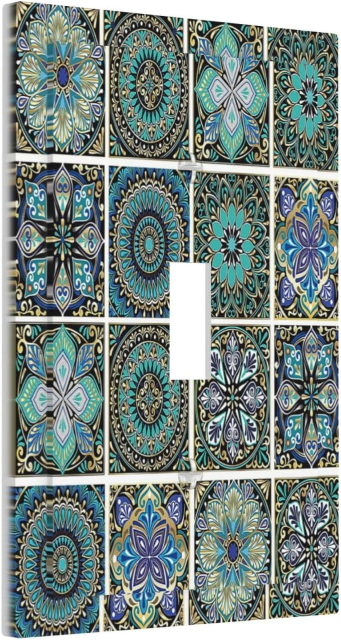 Decorative Light Switch Cover Mandala Decorative Rustic Vintage Turquoise Pattern 1 Gang Single Toggle Device Electrical Faceplate Switchplates Decorator Outlet Wall Plate for Bedroom Bathroom