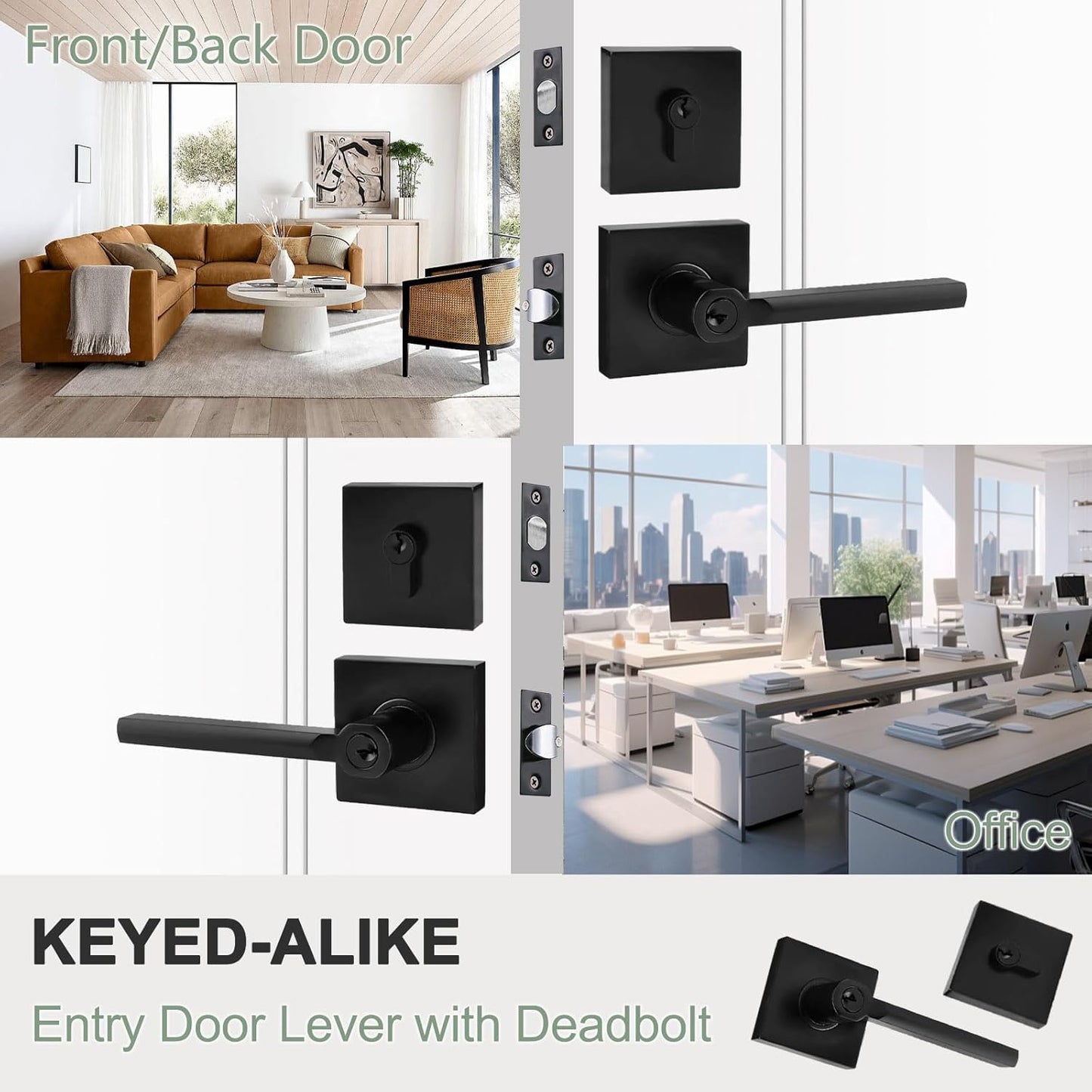 Keyed Entry Door Handle with Single Cylinder Deadbolt, Keyed Alike(Same Keys Only Per Set) Front Door/Exterior Door Lever Lockset, Matte Black, 4 Sets of Locks with 4 Sets of Different Keys
