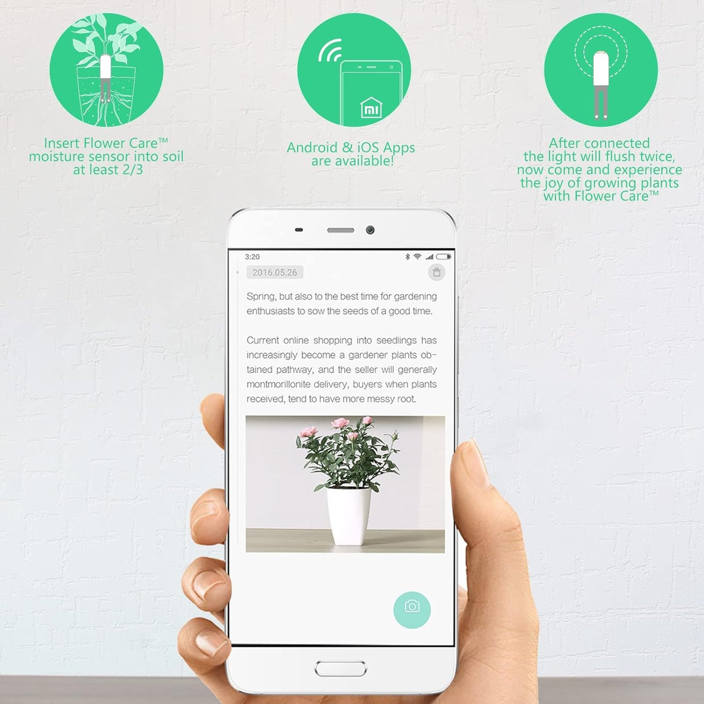Soil Moisture Meter 4 in 1,Plant Water Monitor,Automatically detect Moisture/Temperature/Light/Fertility,Can Connect to Mobile Phone via Bluetooth,Hygrometer Sensor for Indoor Plants (3pc)