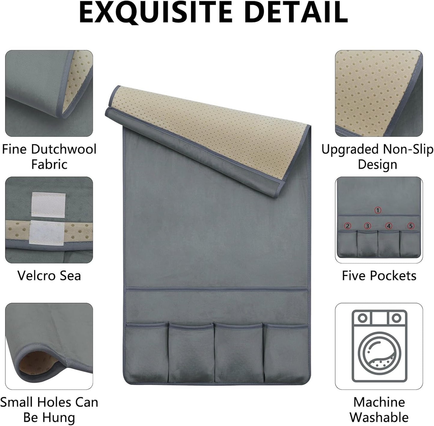 TV Remote Control Holder Couch Caddy, Non-slip Bedside Caddy Organizer with 5 Pockets for Key Glasses Phone Magazine Holders (Gray, 35''x18'')