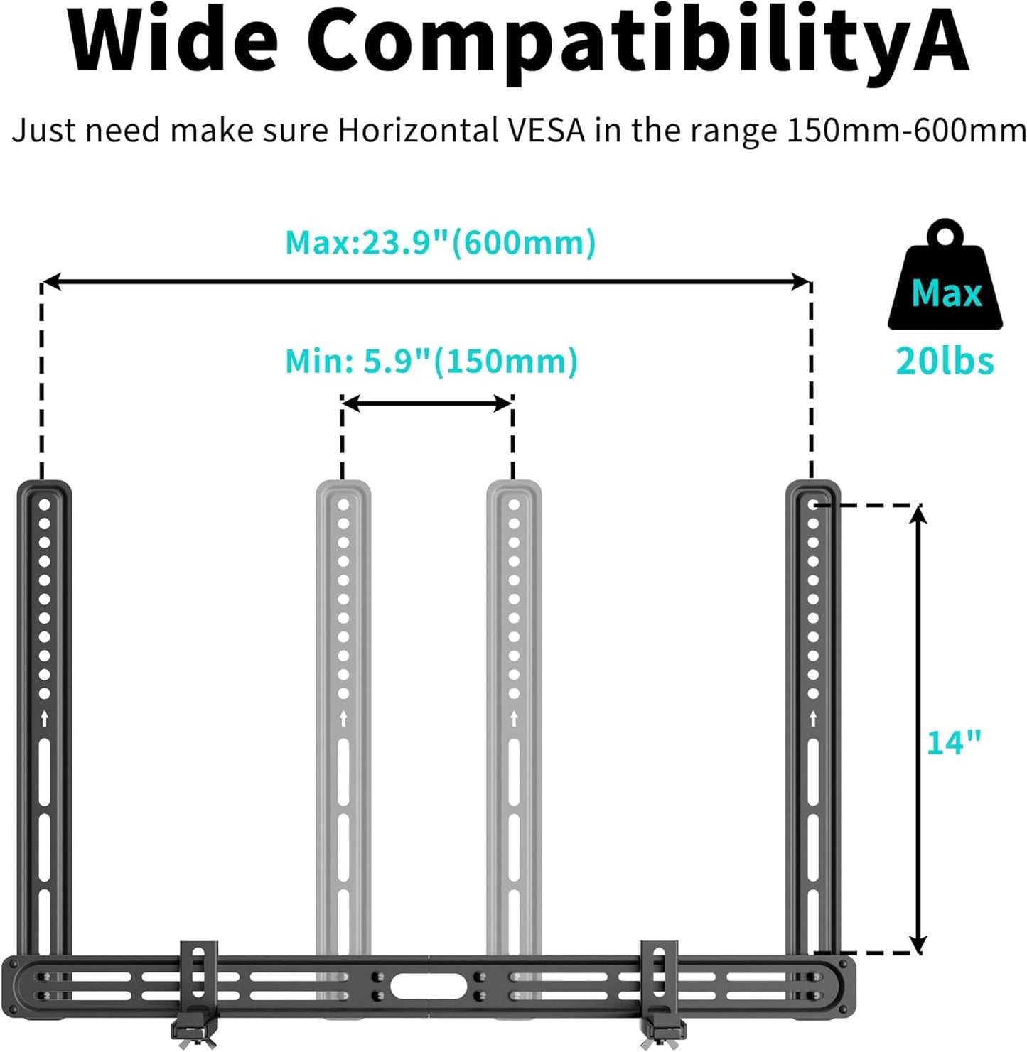 Universal Soundbar Mount with Holes/Without Holes, Sound Bar TV Bracket for Speaker Non-Slip Base Holder Extends 3.46"-6.1",Support 20lbs SBR501