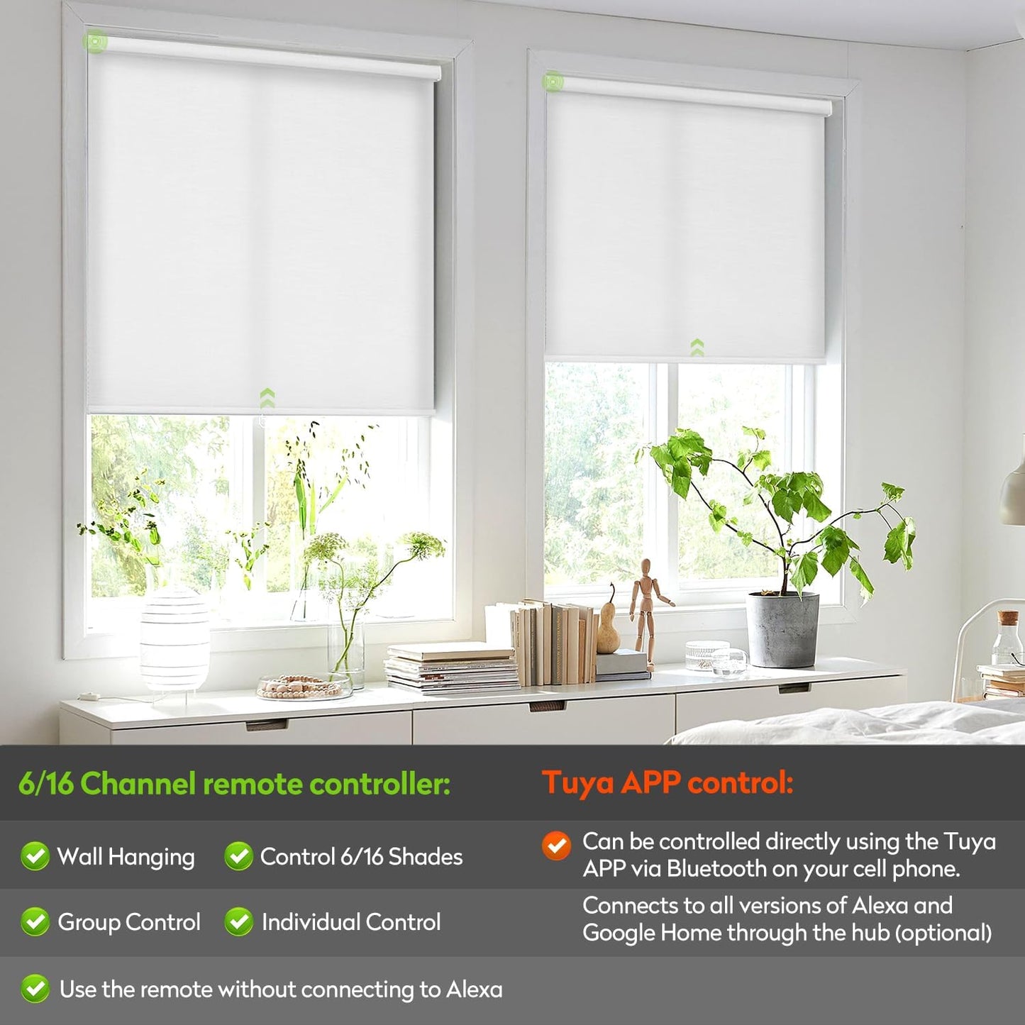 ZSTARR Motorized Light Filtering Roller Blinds with Remote Control,Rechargeable Smart Window Shades Compatible with Alexa Google via Hub,Fabric Wrapped Valance, Custom Size (Light White)
