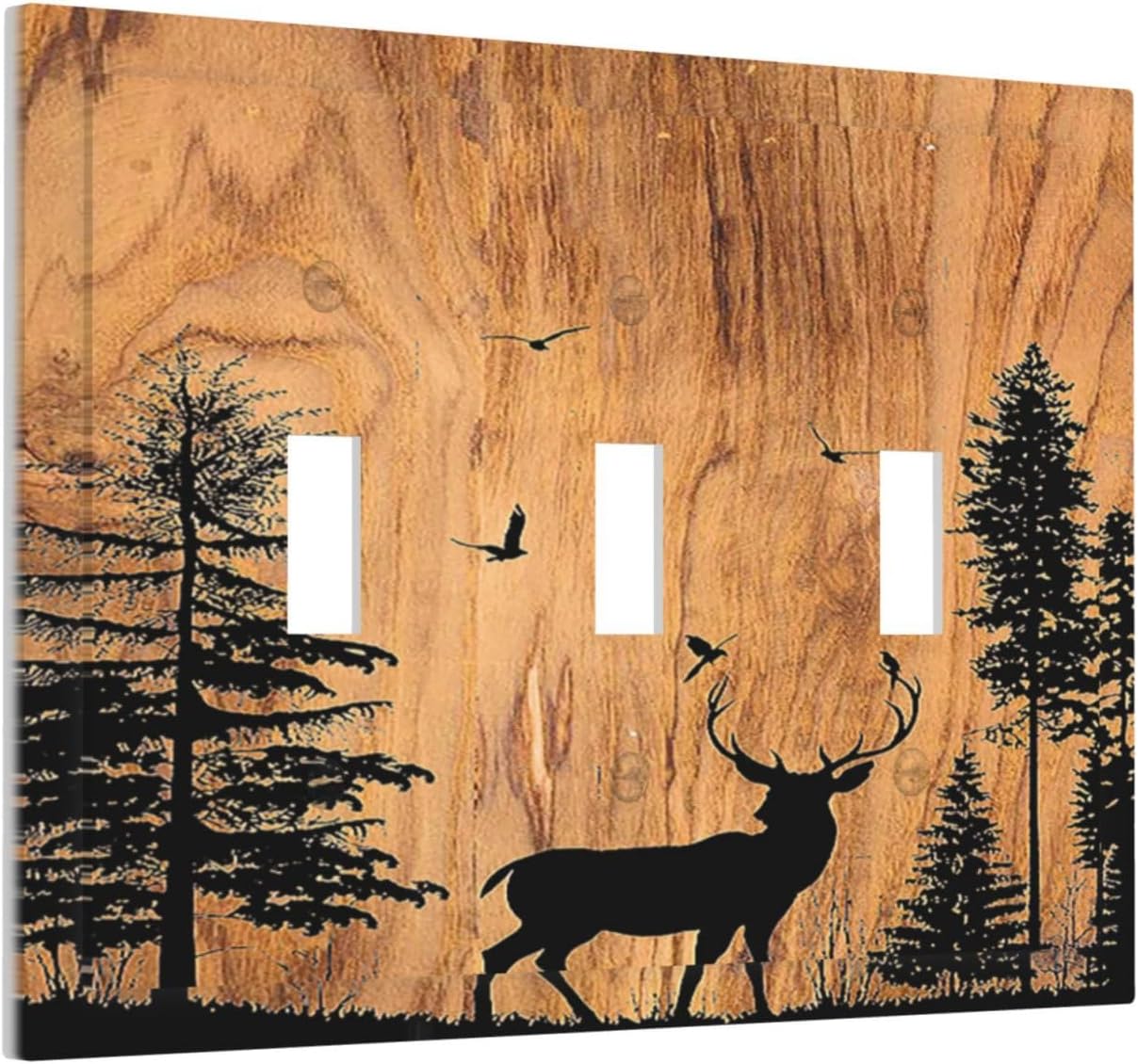 Decorative Switch Plates Rustic Farmhouse Orange Brown Pine Tree Deer Wood Grain 3 Gang Wall Plate Triple Toggle Light Switch Cover Faceplate Electrical Wall Panels for living Room Decor