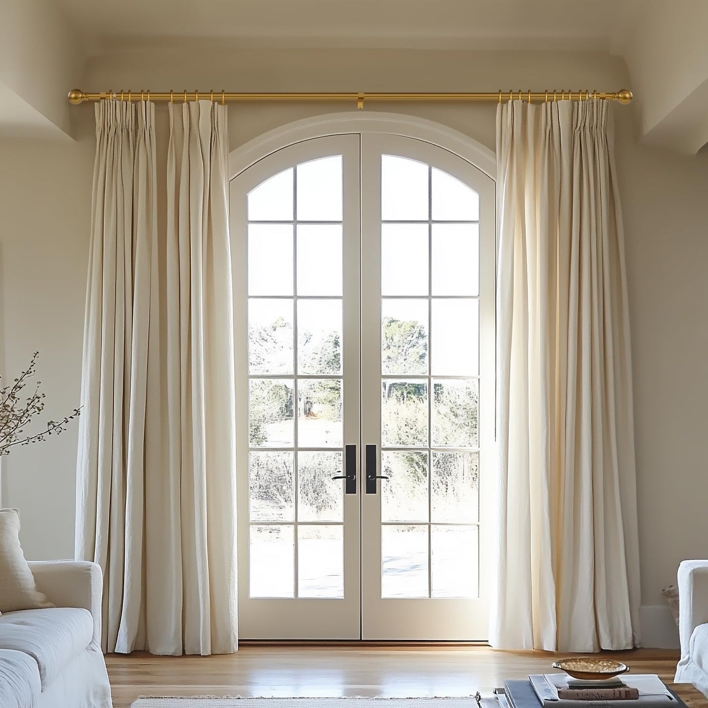 Modern Gold Curtain Rods for Windows 72 to 144 Inch 1" Diameter Adjustable Heavy Duty Brass Long Window Curtain Rod with Metal Finials for Living Room Bedroom Farmhouse Kitchen Outdoor