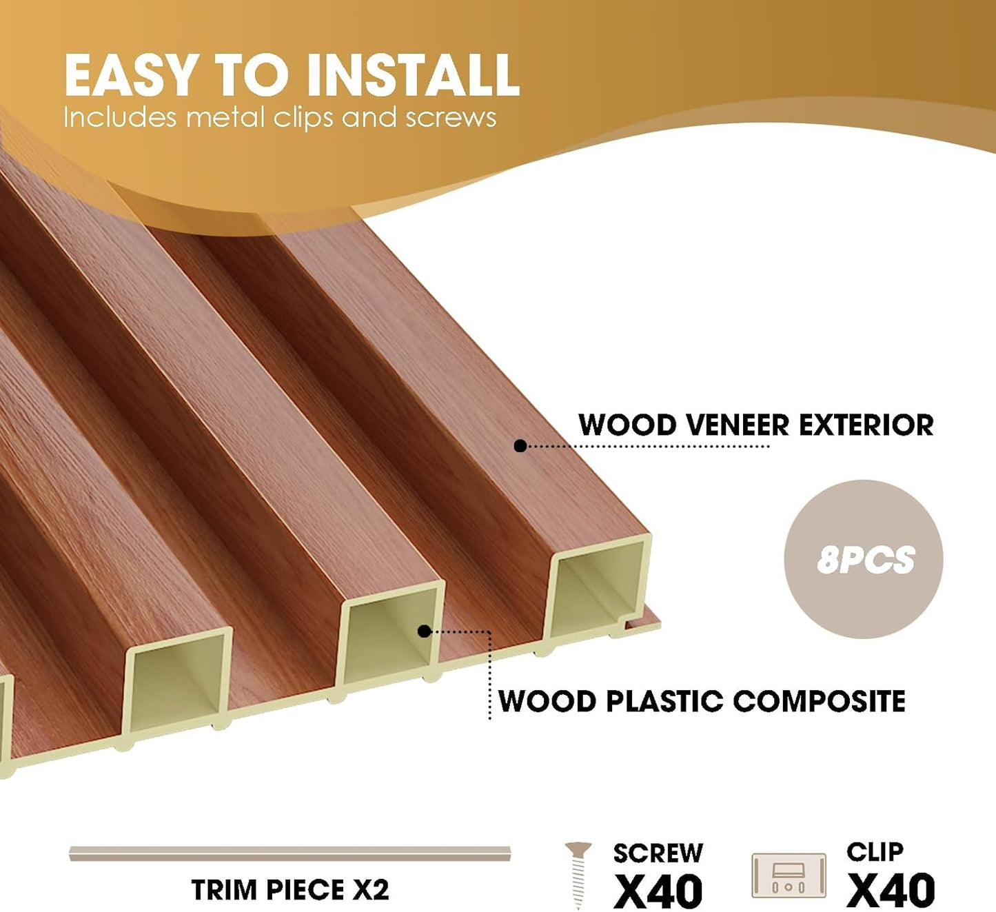 OUZUGIE WPC Acoustic Slat Wall Paneling, 8-Pack 96 x 6 Inches 3D Wall Panels for Interior Wall Decor,Living Room,TV Background,Study Room,Office Spaces,Bedroom,High Grille (Teak)