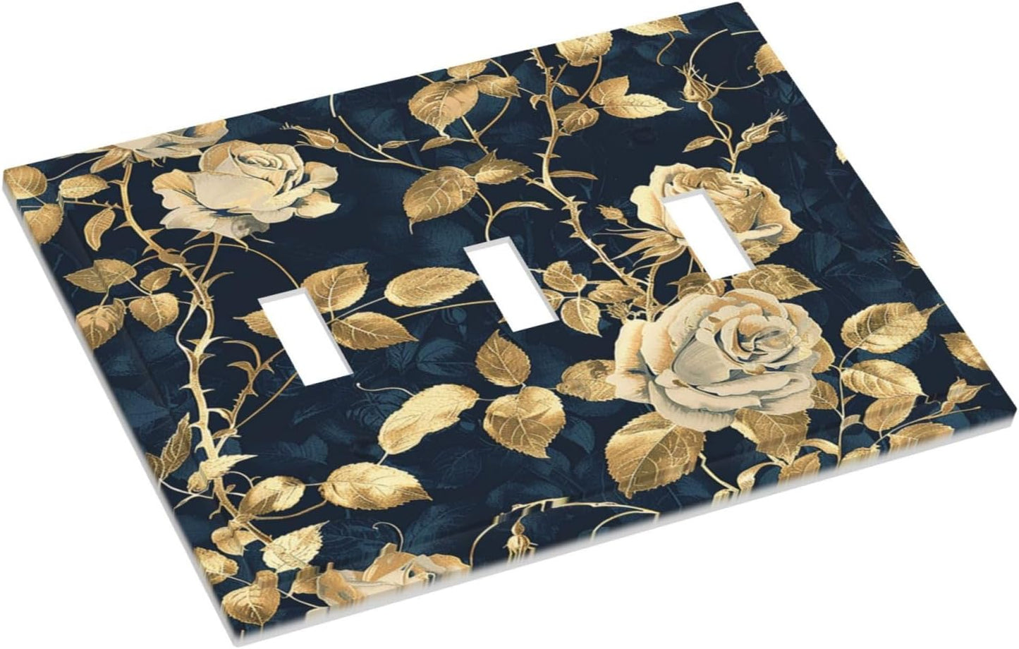 Decorative Switch Plates Boho Vintage Floral Golden Flower Dark Blue Background 3 Gang Wall Plate Triple Toggle Light Switch Cover Faceplate Electrical Wall Panels for Bedroom living Room