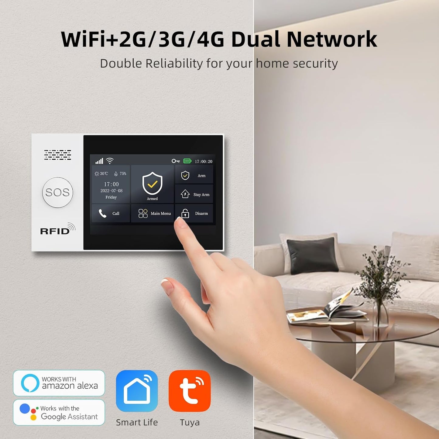 LWOHSI Alarm Systems with 4.3" Large Fulltouch Screen,4G SMS/Tuya APP Alert,Wireless Home Security Alarm Kits,Door Alarm Sensors,120db Siren,Remote,Work with Alexa and Google for Villa,Apartment