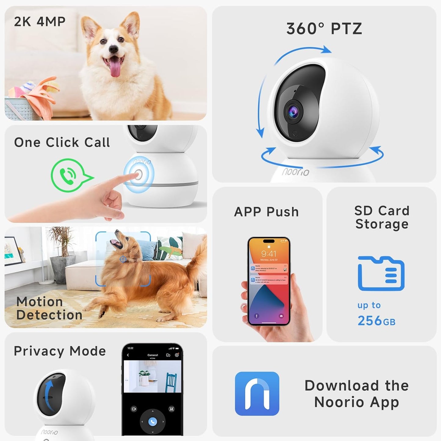 Noorio 2K Security Camera Indoor, Pan/Tilt Pet Camera with Speaker, One Touch Call Baby Monitor Dog Cam, Plug-in 24/7 SD&Cloud Storage, Color Night Vision, 2.4G WiFi, CS201, 2Pcs