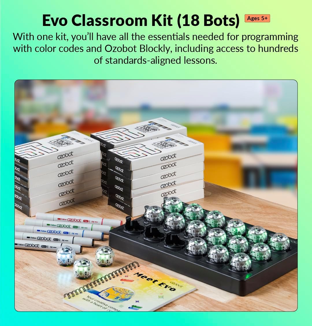 Ozobot Evo Classroom Kit (18 Bots): Professional STEM Education Set for Grades K-12, Includes 18 Robots, Charging Cradle, Color Code Markers, and Access to 700+ Lesson Plans for Teachers and Schools