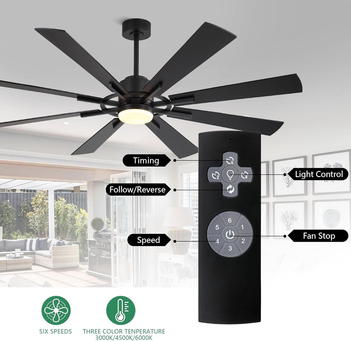 WINGBO 60" DC Ceiling Fan with Lights and 3 Downrods, Matte Black Ceiling Fan, 8 Plywood Blades, 6-Speed Reversible DC Motor, Large Ceiling Fans for Kitchen Bedroom Living Room