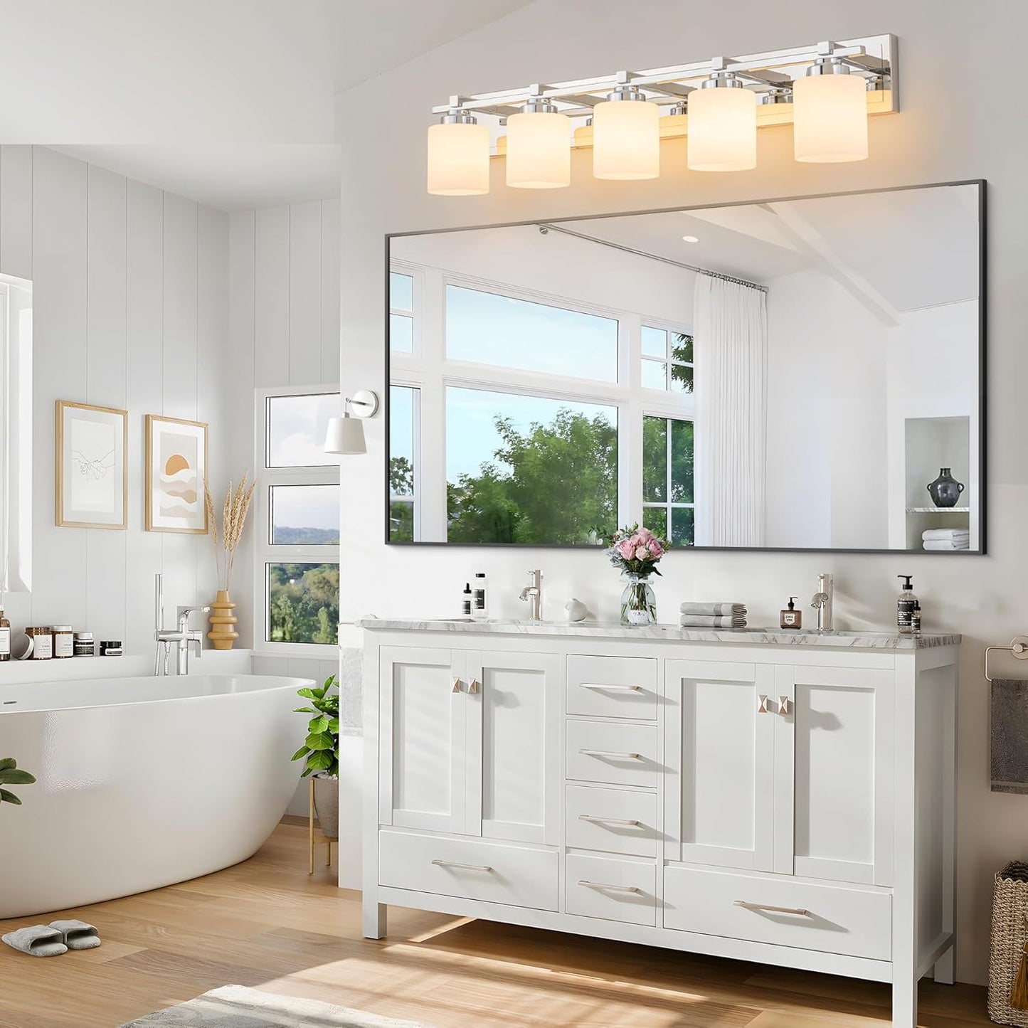 5 Light Modern Bathroom Light Fixtures Over Mirror, Chrome Vanity Lights for Bathroom Wall Sconces with Milky White Glass Shades, E26 Socket (Bulbs Not Included)