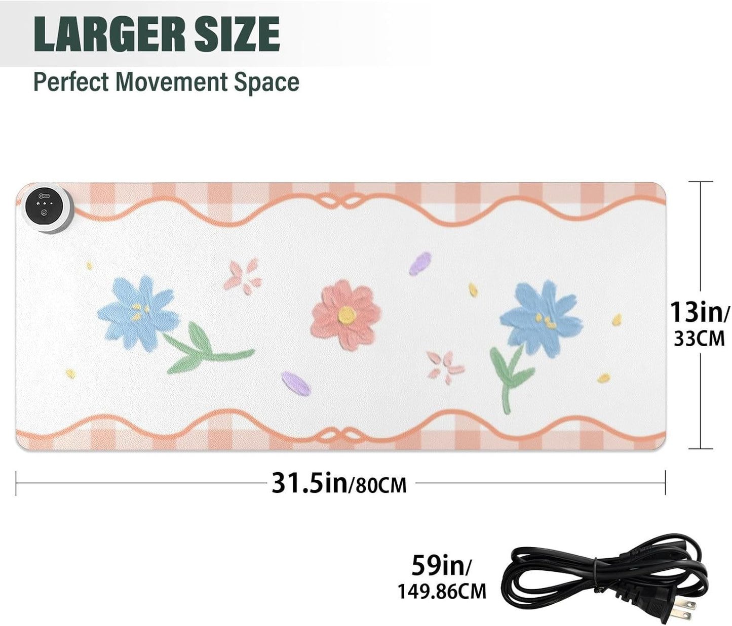 Orange Floral Plaid Heated Desk Pad Mouse Pad 31.5x13 Inch PU Leather Desk Mat with 3 Heat Levels Large Mouse Gaming Computer Laptop Mat
