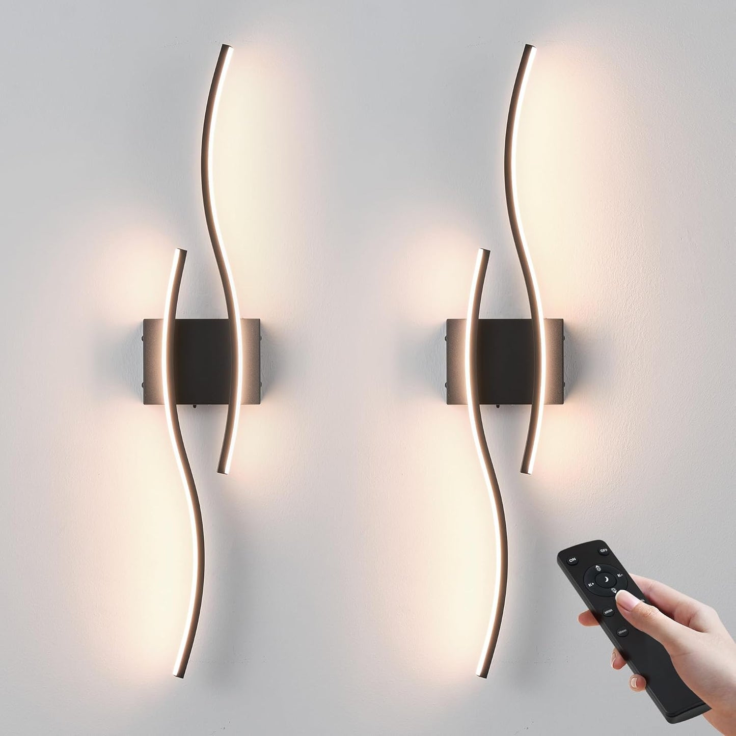 Battery Operated Wall Sconces Set of Two with Remote Control, Dimmable/3 Color/Night-Light/Timer/Memory, Black Modern Wireless LED Sconce for Living Room, Hallway, Bedroom, 27.5 Inch (2 Pack)