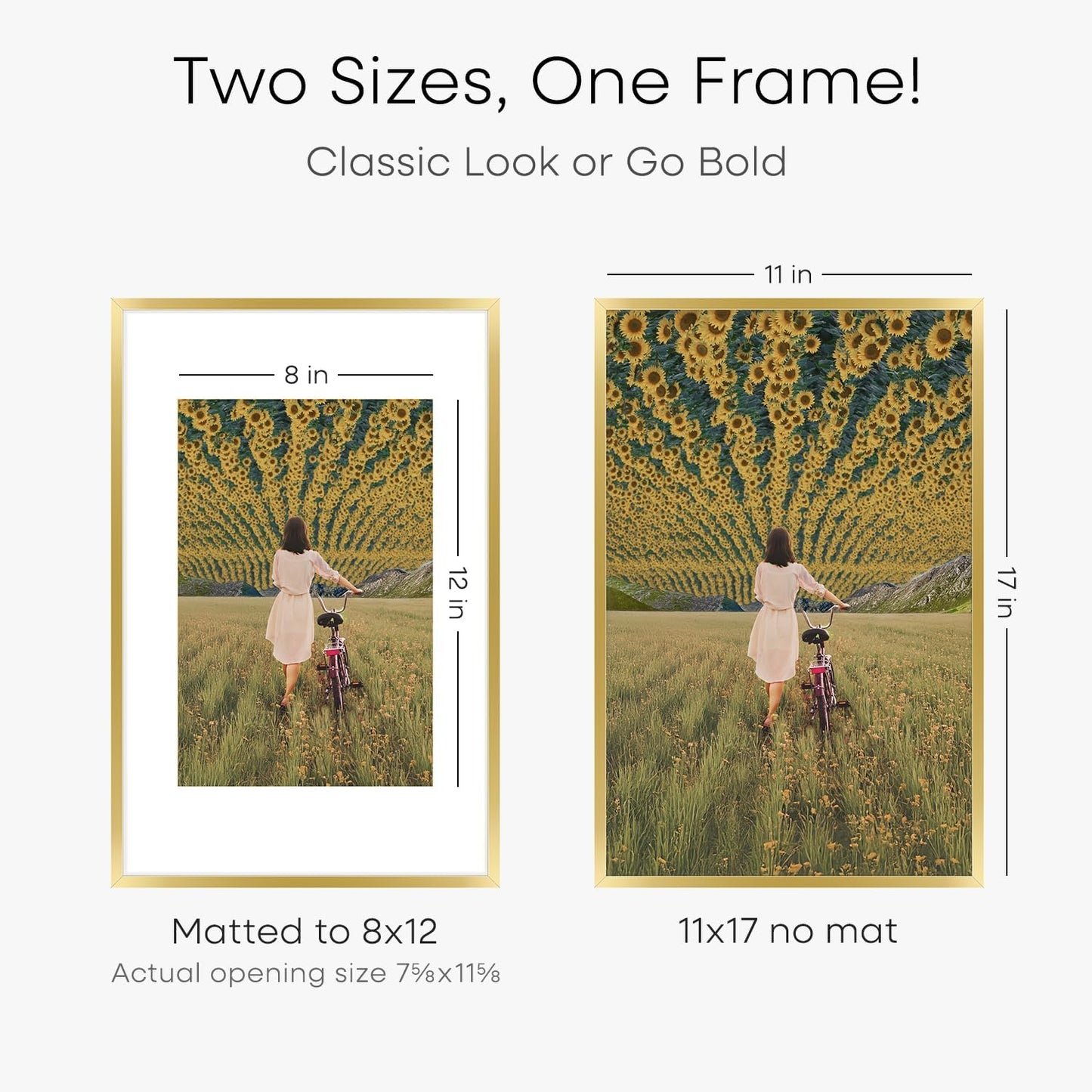 Homeforia 11x17 Picture Frame Gold, High End Metal 11x17 Poster Frames with Mat 8x12 for Photo, 11 x 17 Gold Frame Matted to 8 by 12 Print, 17x11 Thin Hanging Frame, Tempered Glass, Wall Kit, Set of 2