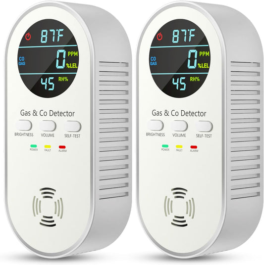 Carbon Monoxide Detectors - Natural Gas Leak Detector - 5-in-1 Carbon Monoxide Detectors Plug in - CO Detector Battery Backup with Brightness & Volume Adjustment for Home/RV/Travel/Camping (2 Packs)