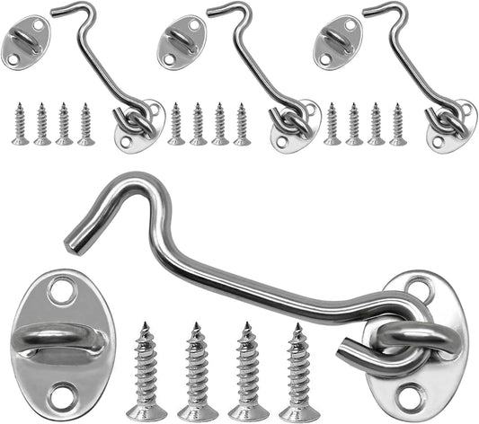 4-Pack 4Inch Door Lock Gate Latch Premium Stainless Steel Hook and Eye Gate Latch Cabin Hook with 16pcs Screws, Silver