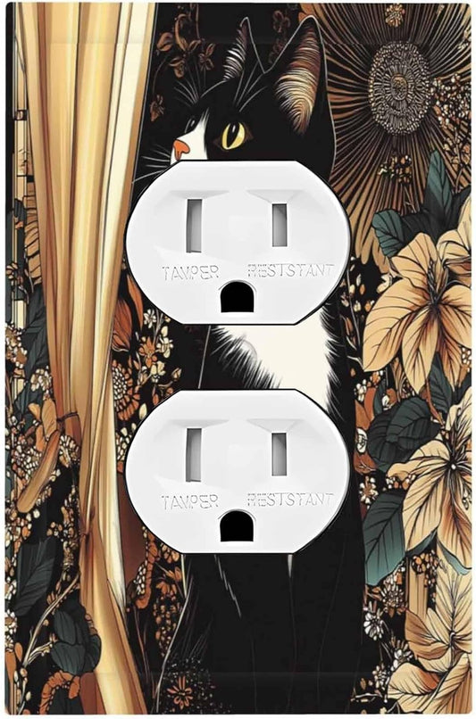Outlet Covers Boho Mandala Floral Black Cat Vintage Flower 1 Gang Duplex Light Switch Cover Decorative Switch Plates Electrical Receptacle Faceplate Wall Plate For Farmhouse Home Decor
