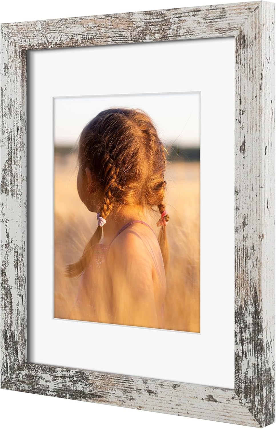 Golden State Art, 8x10 Picture Frame with Mat for 5x7 Photo - High Definition Glass Wall Mounting or Tabletop Display (Weathered White, 1 Pack)