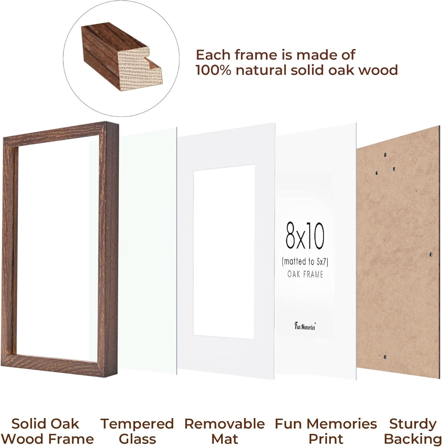 Fun Memories 8x10 Wood Picture Frame, Solid Oak Wood Frame 10x8 for Wall & Tabletop Display, 5x7 Picture Frame with Mat 8x10, 8 x 10 Photo Frame Wood with Tempered Glass, Walnut Color, 1 Pack