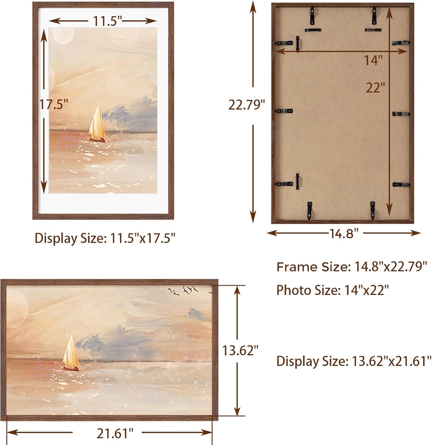 Fun Memories 14x22 Oak Wood Picture Frame, 14"x22" Picture Frame Matted to 12"x18", Photo Frame 14 x 22 with Real Glass, 14x22 Wood Frame for Vertical or Horizontal Hanging (Walnut Color, 1 Pack)