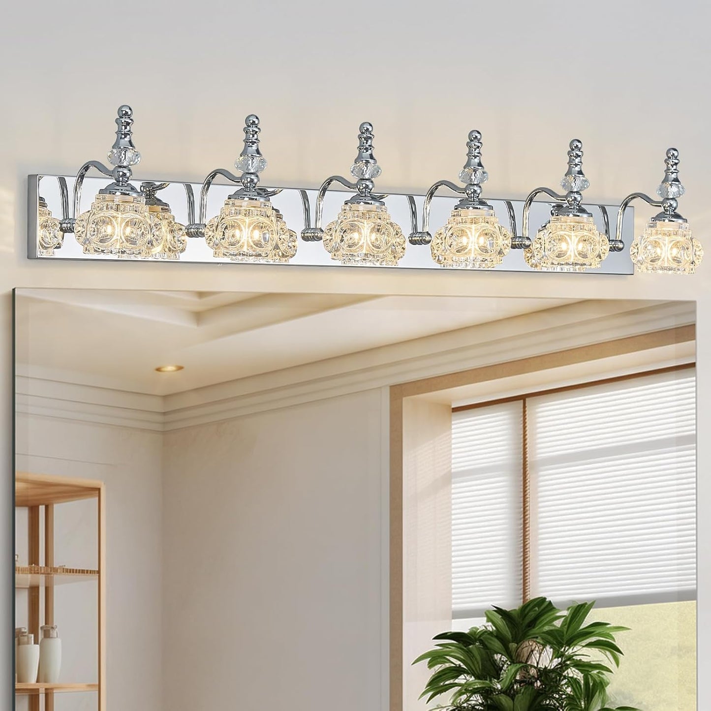 Modern Glass Crystal Vanity Light - Vintage Bathroom Lighting Fixtures Over Mirror, 6 Light Vanity Lights G9 Bulb (43.3 Inch, Chrome)